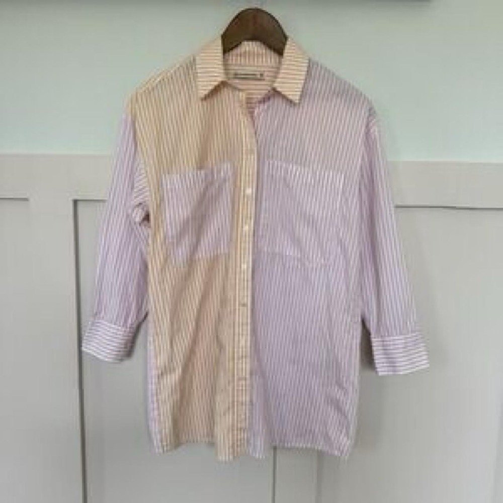 Abercrombie & Fitch Striped Colorblock Relaxed Button Up Shirt Pink Yellow XS P
